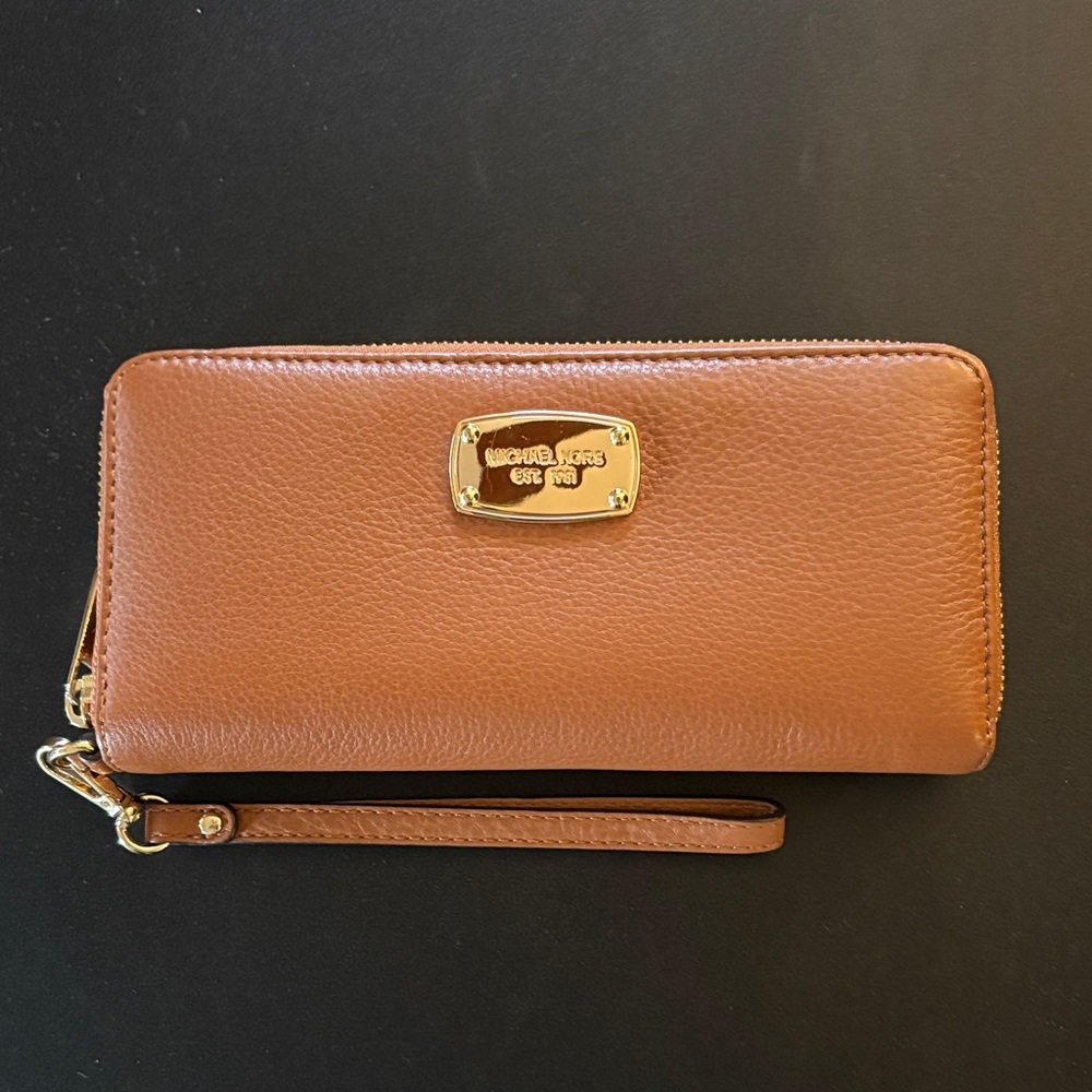 Michael Kors Brown Leather Wristlet with Gold Accents